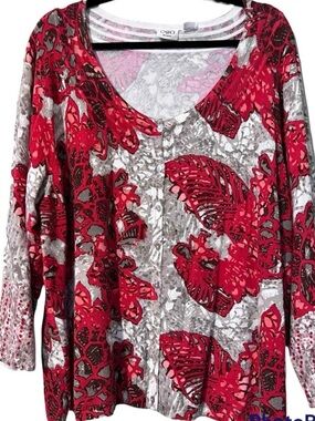 Soft Cool Red Grey Floral Tropical Print Cardi, 18/20W